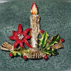 Candlestick with Flame, Green Holly & Red & Gold Poinsettia Vintage Brooch